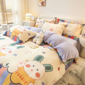 Winter Milk Four-piece Set Thickened Coral Velvet Double-sided (Option: Rainbow Rabbit-1.5m fitted sheet)