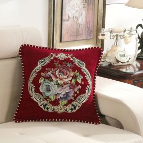 European-style Simple Chenille Flower Pillow Home (Option: Z13B Color Hem Peony Wine Red-48x48cm With Core)